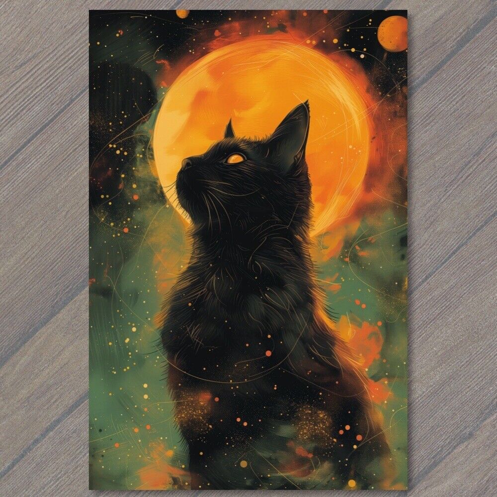 POSTCARD Cat Black Kitten Colors Bright Vibrant Moon Creepy Weird Howling