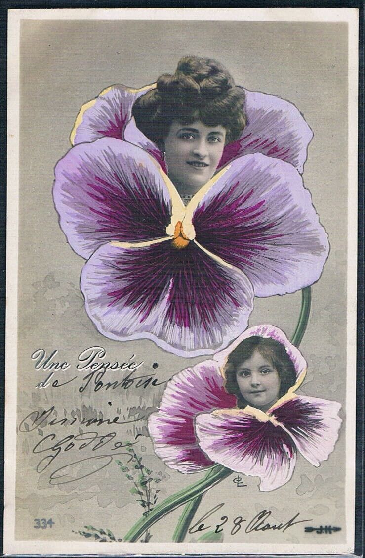 P089 SURREALISM FANTASY LADY & GIRL\'S HEAD in HUGE PANSY Tinted PHOTOMONTAGE pc