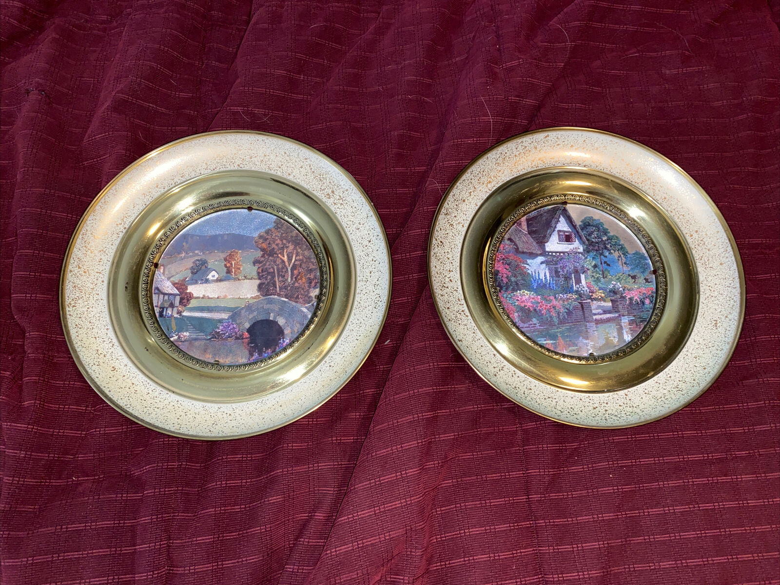 2 Large Vintage Solid Brass Plates Foil Pictures Made In England 11” Across