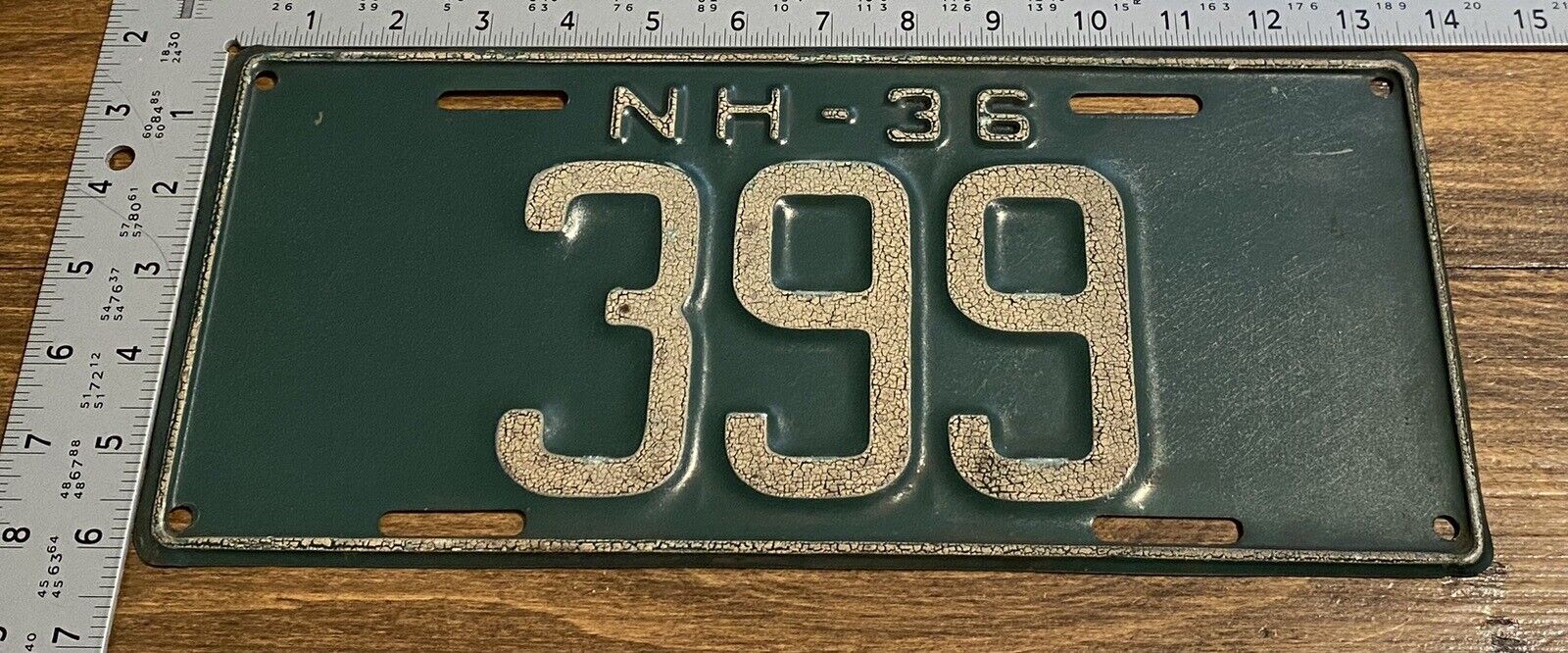 1936 New Hampshire License Plate 399 Garage Decor Low Number Green White ALPCA