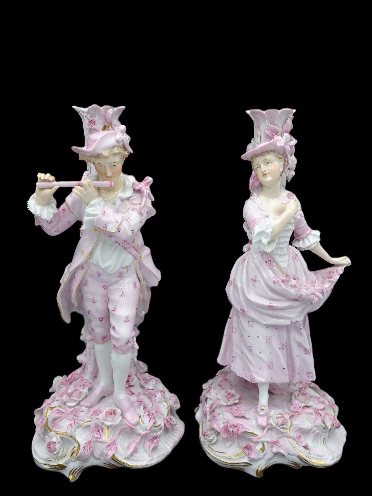 EXQUISITE PAIR OF EARLY SCHIERHOLZ GERMAN FIGURAL PINK WHITE CANDLESTICK HOLDERS