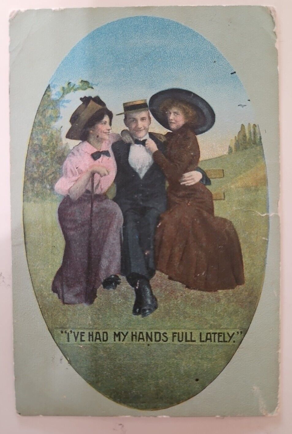 1913 polyamorous Thruple Vintage  Postcard. One Man Two Women Picture