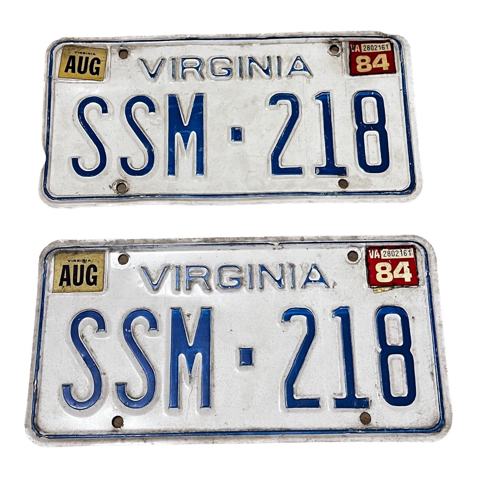 Vintage Virginia 1984 Collectible License plate set Tag # SSM 218 Man Cave Pair 