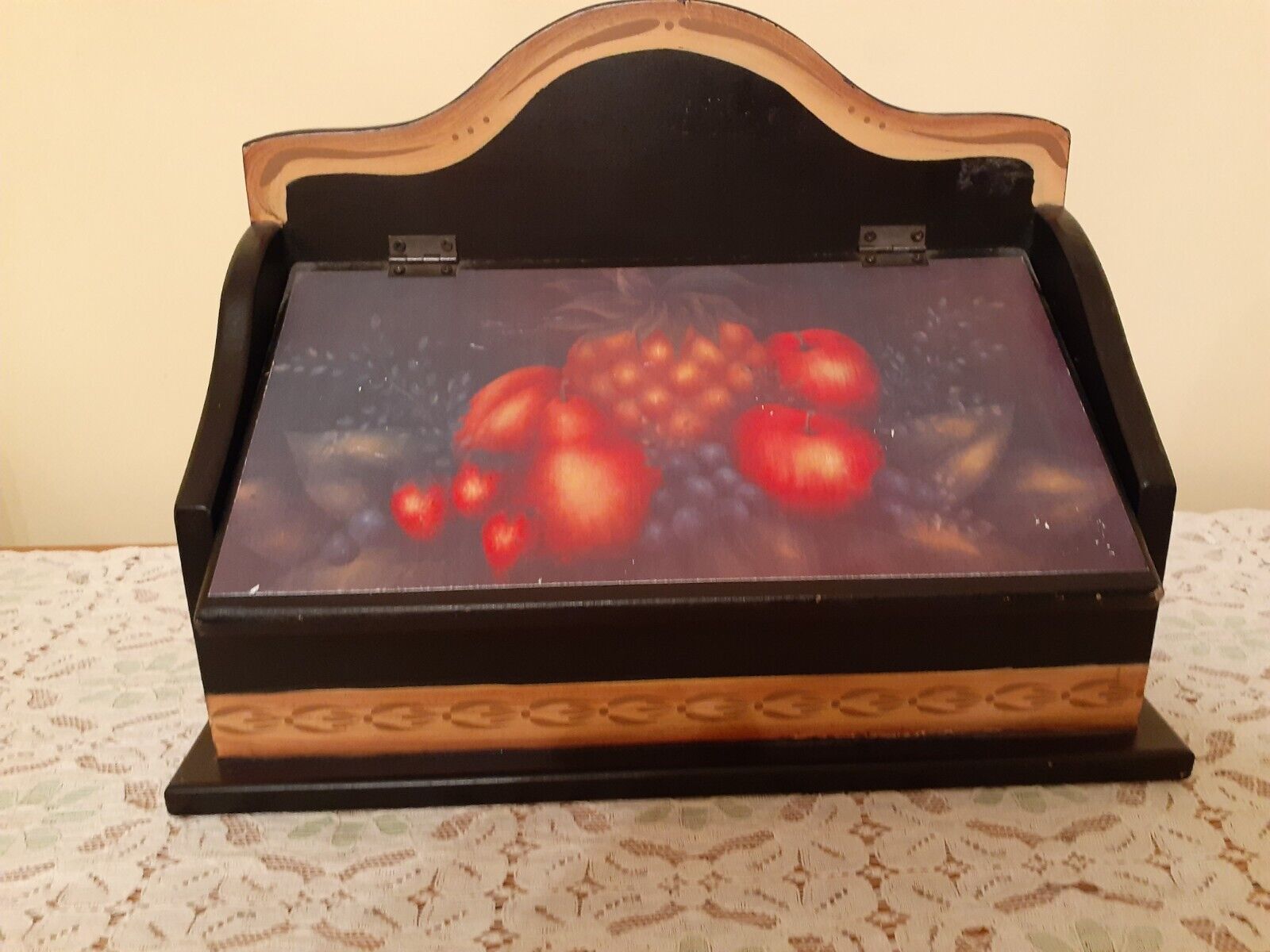 Vintage 80s Hand Painted Fruit Wood Rectangular Trinket Tea Box