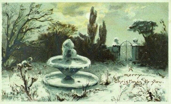 1880\'s-90\'s Victorian Christmas Card Night Frozen Water Fountain Snow Gate P79