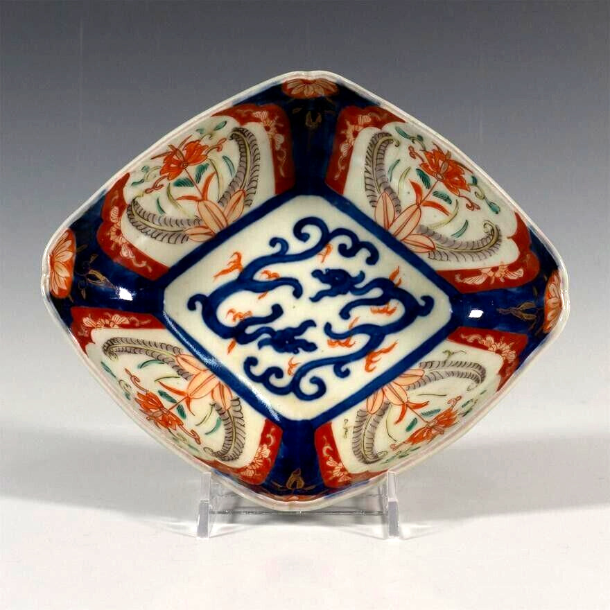 19th C. Japanese Porcelain Bowl Imari Palette Colors, Lozenge Shape w/ Dragons