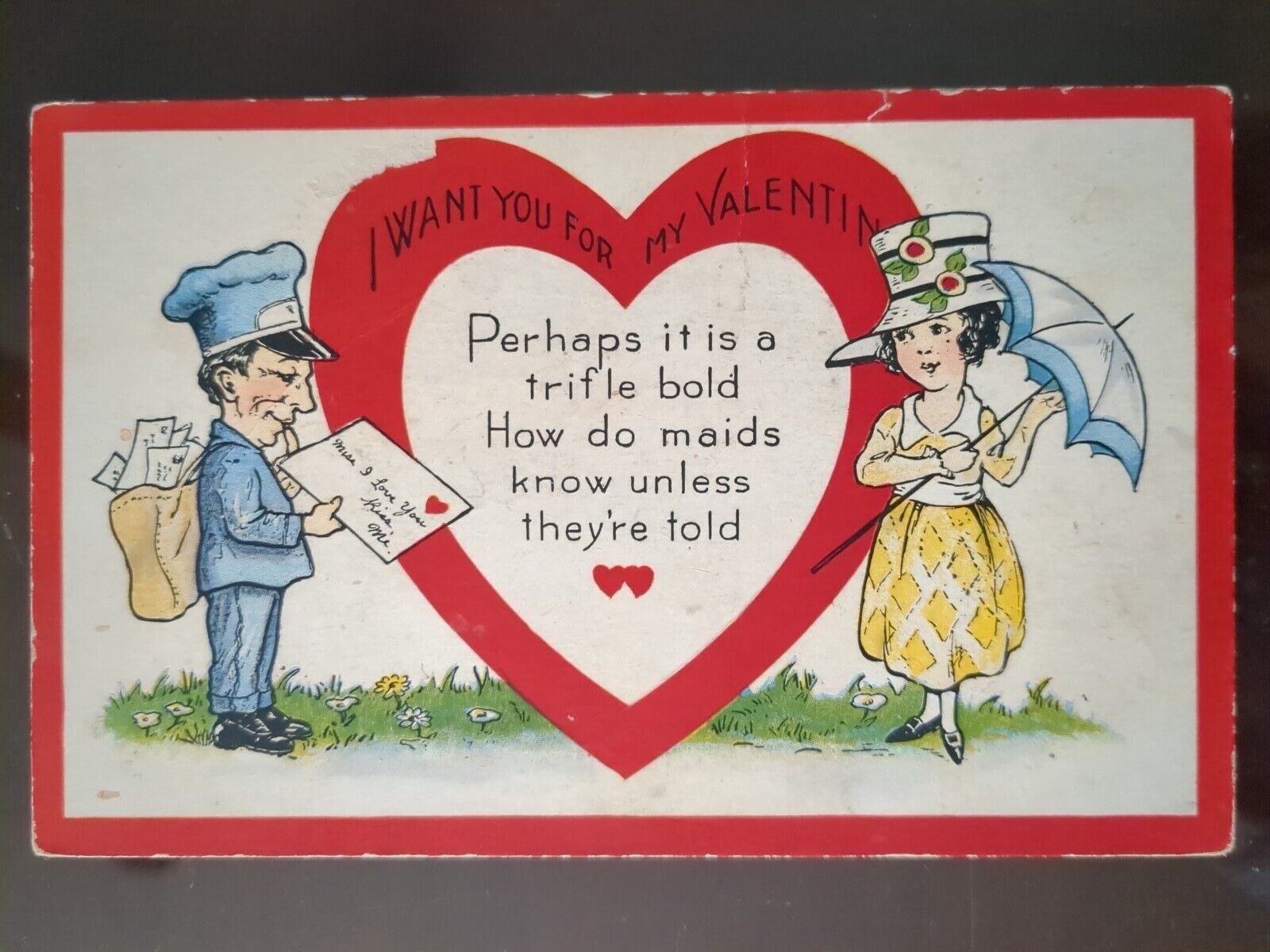 I Want You for My Valentine, Mailman w/ Love Letter - Early 1900s, Wrinkles