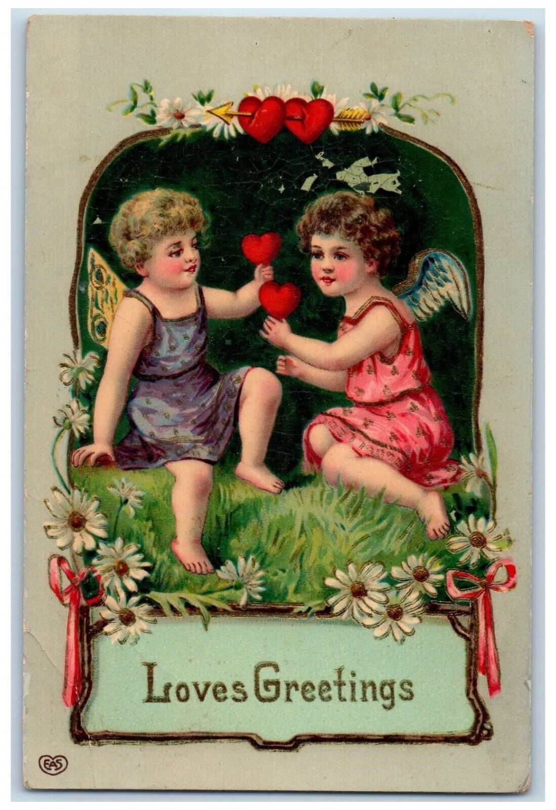 1913 Valentine Love Greetings Angels Cherub Hearts Flowers Antique Postcard