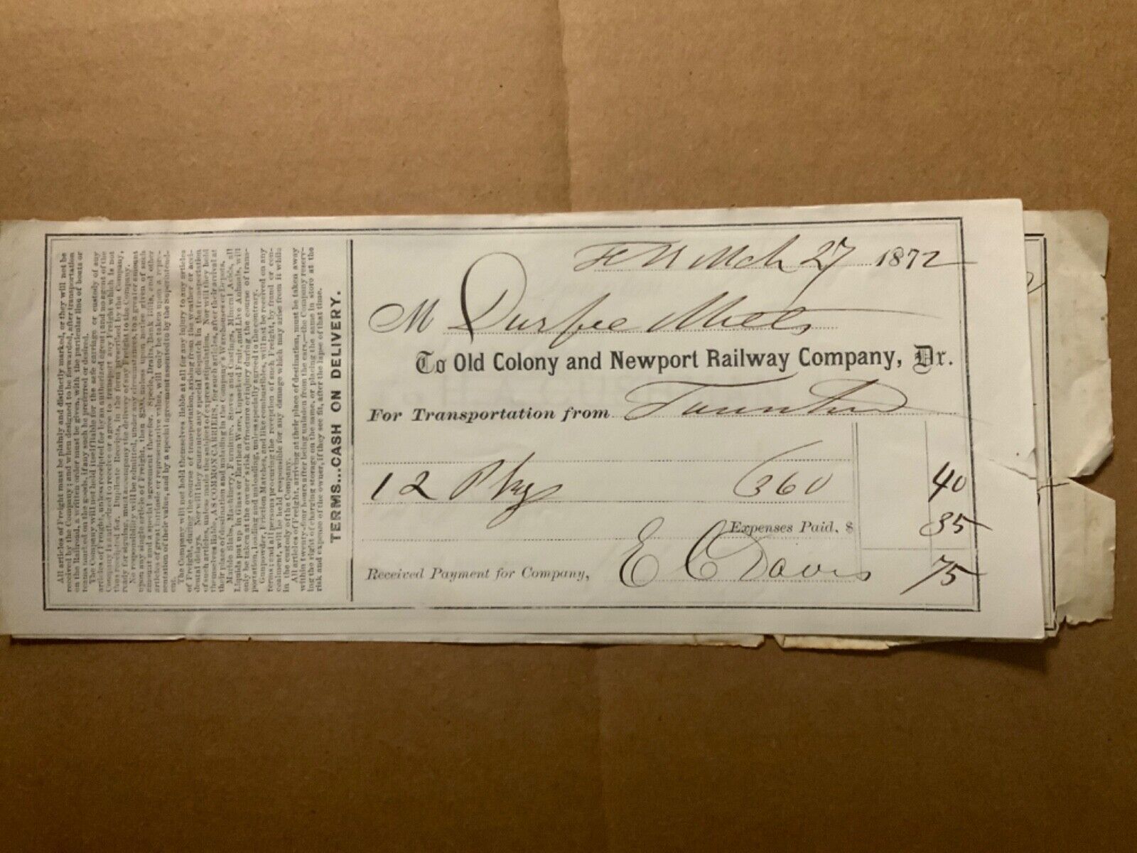 1872 Old Colony and Newport Railway Company Freight Receipt