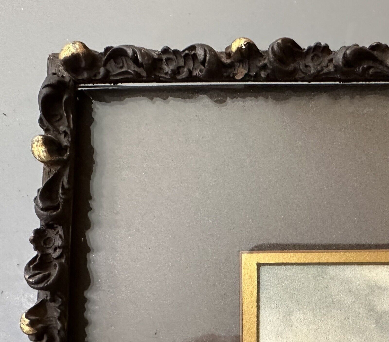 Antique Wood Plaster Black Gold Painted Picture Frame w Glass Unsigned Print