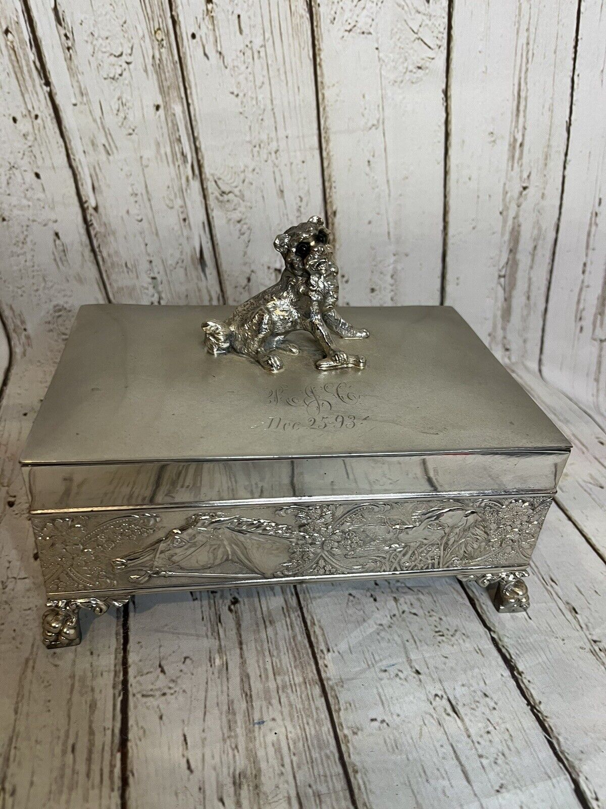 Antique Tufts Silver Plated Humidor with Dog Figure