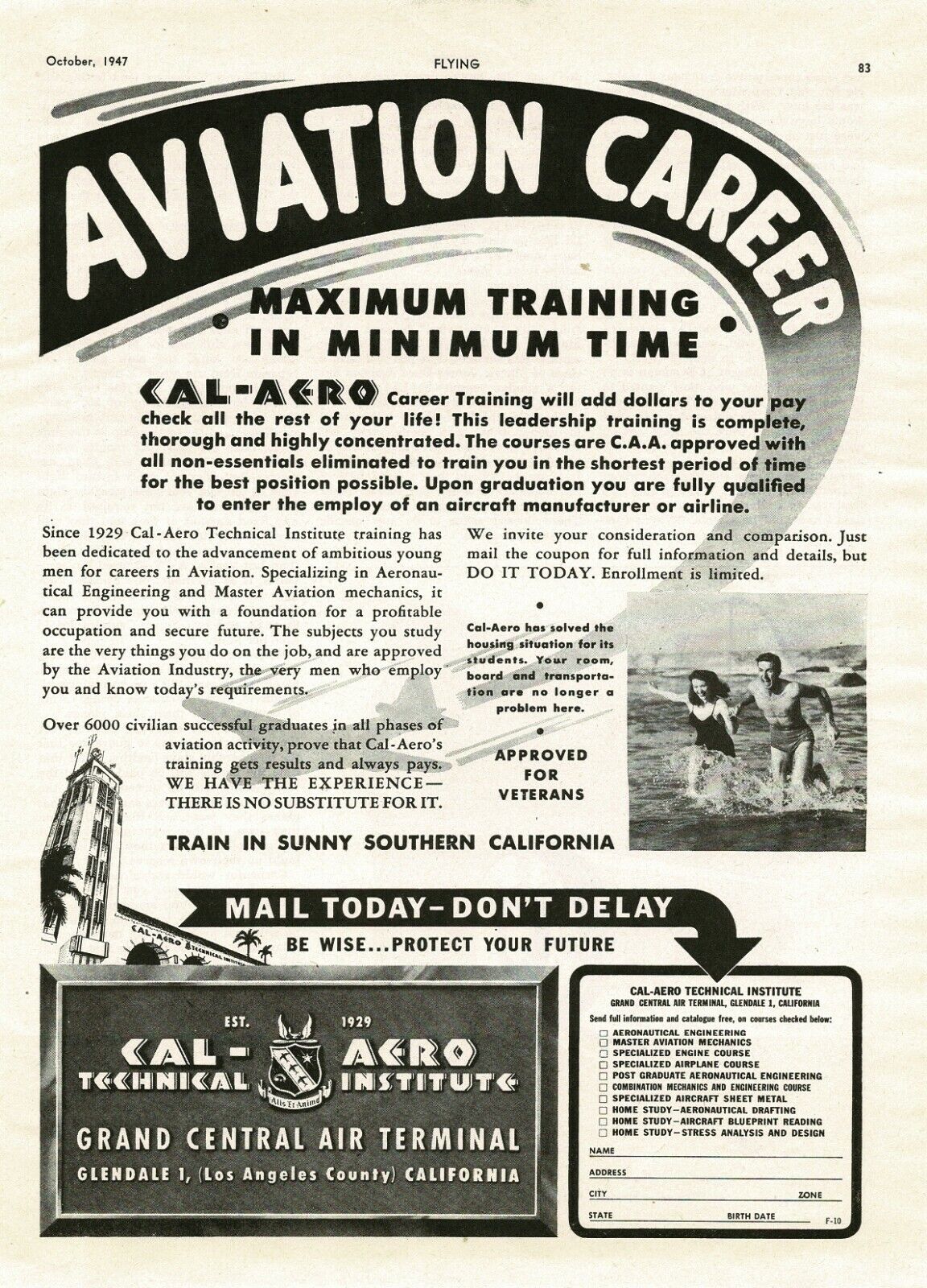 1947 CAL-AERO technical Institute aviation careers Vintage Print Ad
