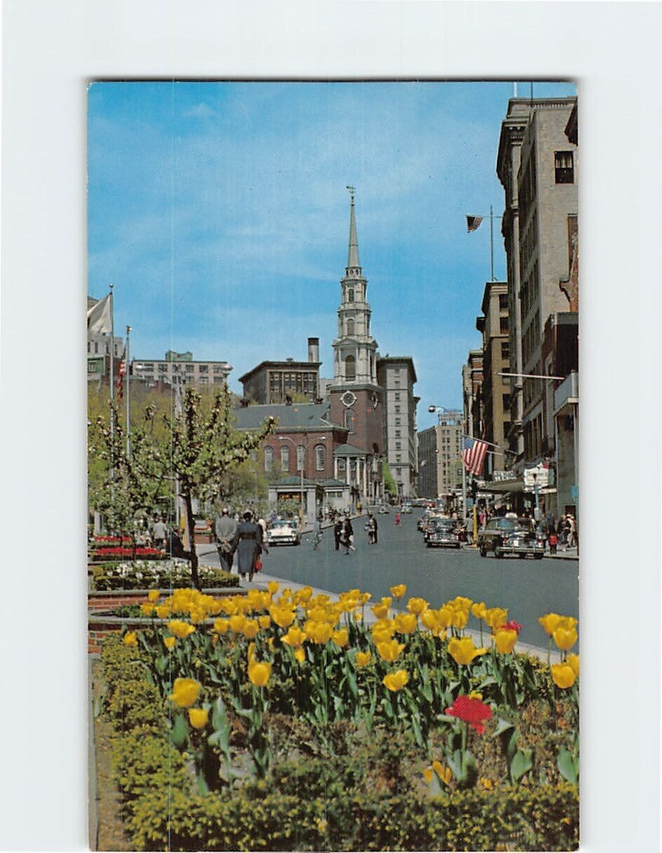 Postcard Park Street church from Tremont Street Mall Boston Massachusetts USA
