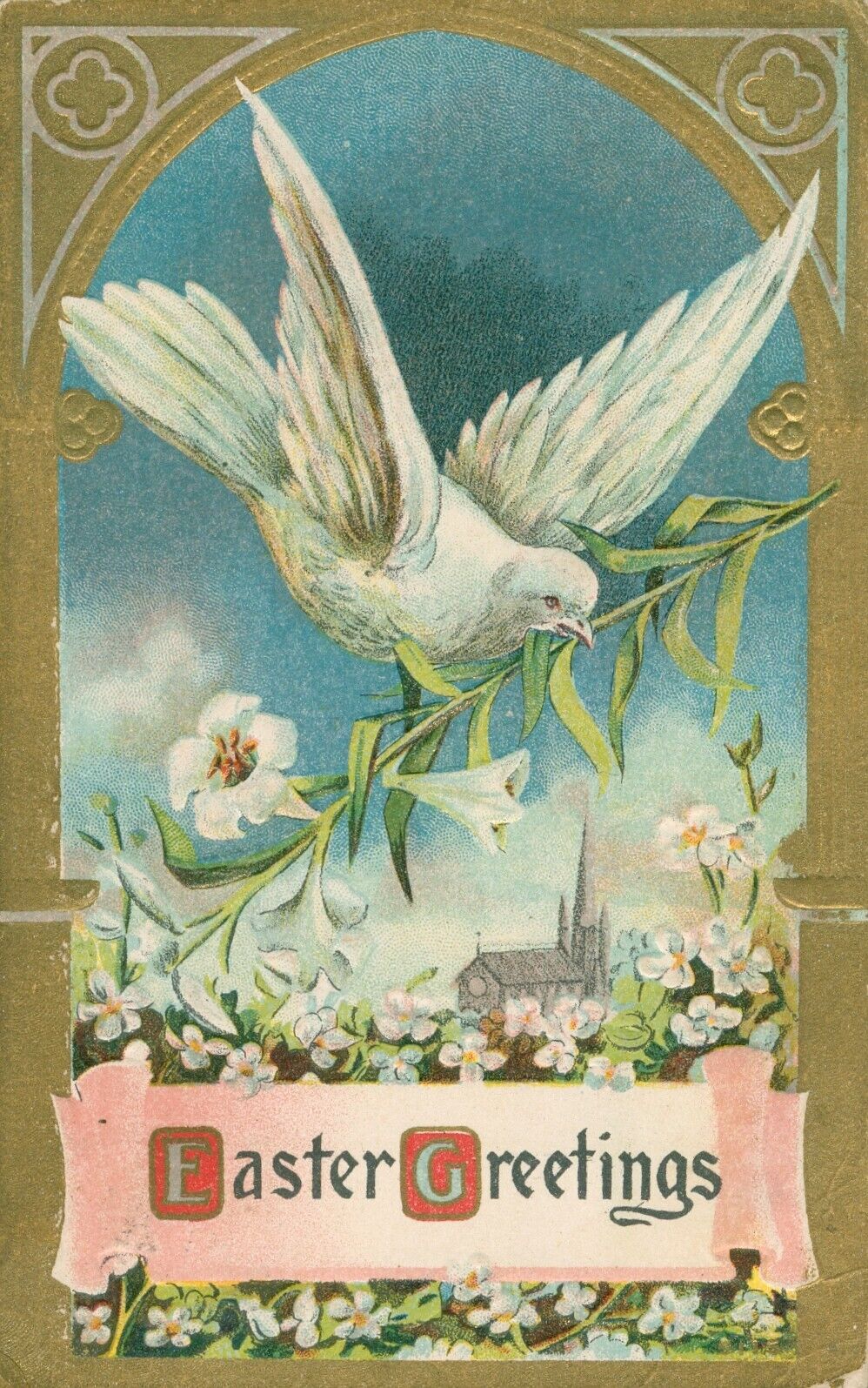 Easter Postcard~Antique~White Dove Carrying Easter Lilies~White Church~1910