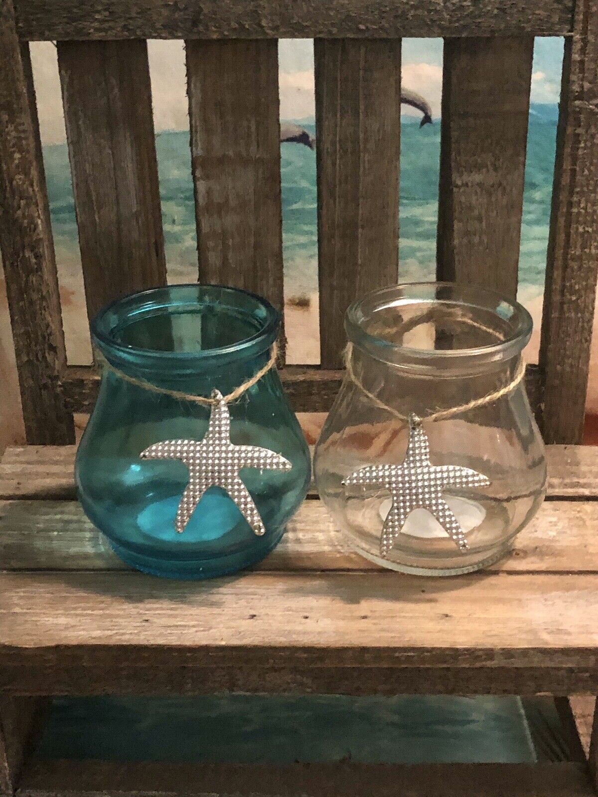 2 STAINED GLASS BEACH CANDLE HOLDERS
