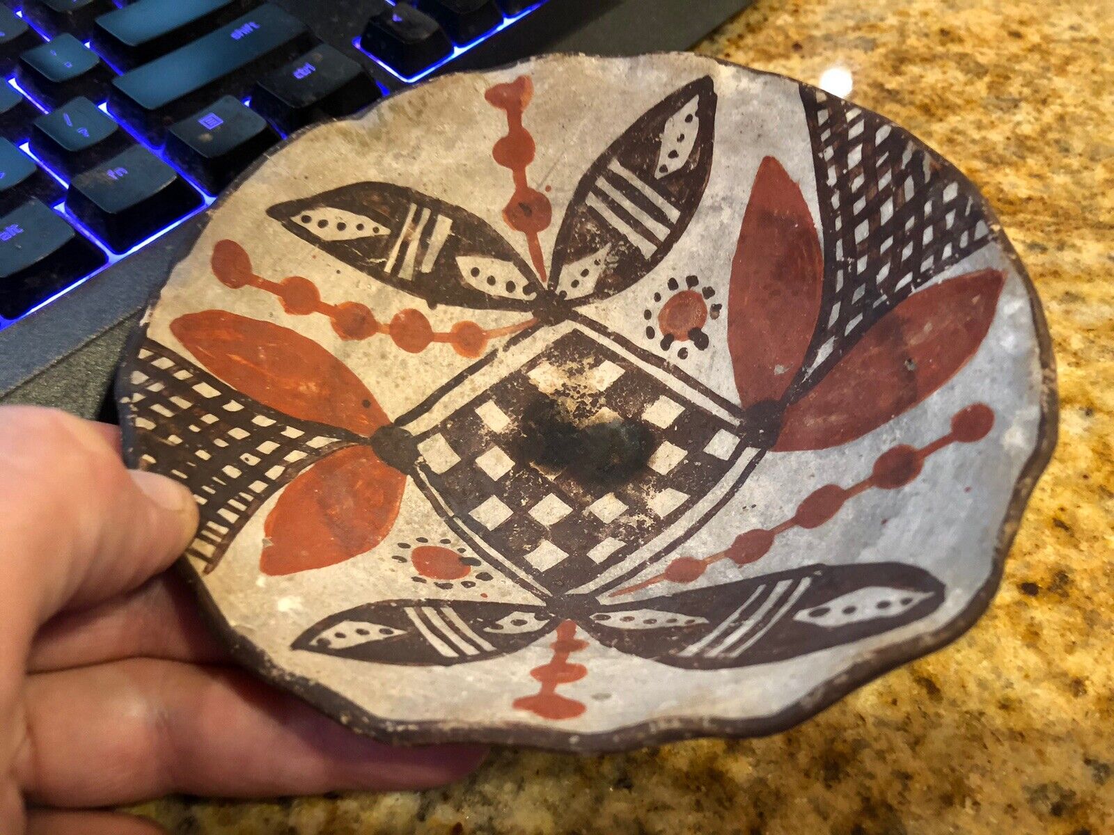 Important Antique Polychrome Native American Isleta Pueblo Pottery Dish 5-3/4”w