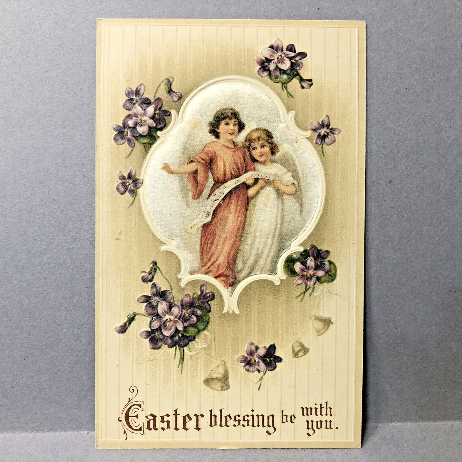 Postcard Easter Blessing be With You Angels Purple Flowers