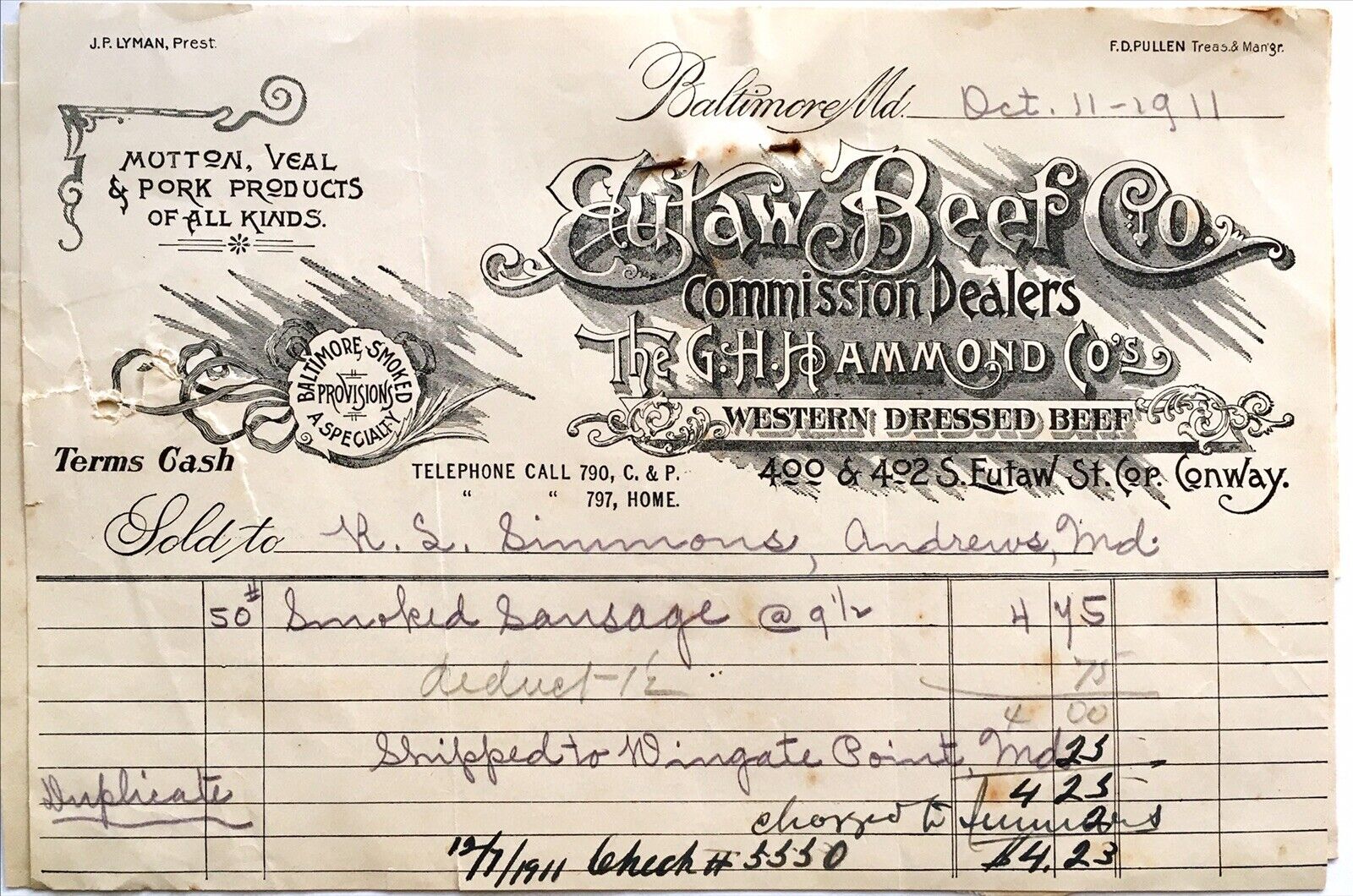 1911 Eutaw Beef Company G H Hammond Co Western Dressed Baltimore MD Billheads