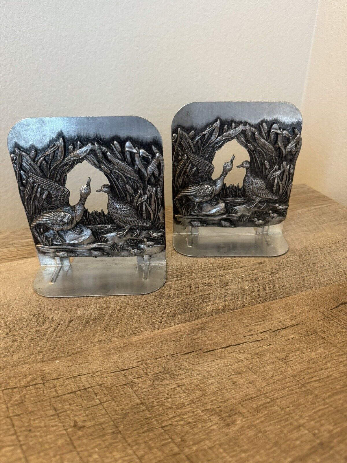 Pair Of Vintage Metzke Pewter Bookends Ducks Books Library Birds