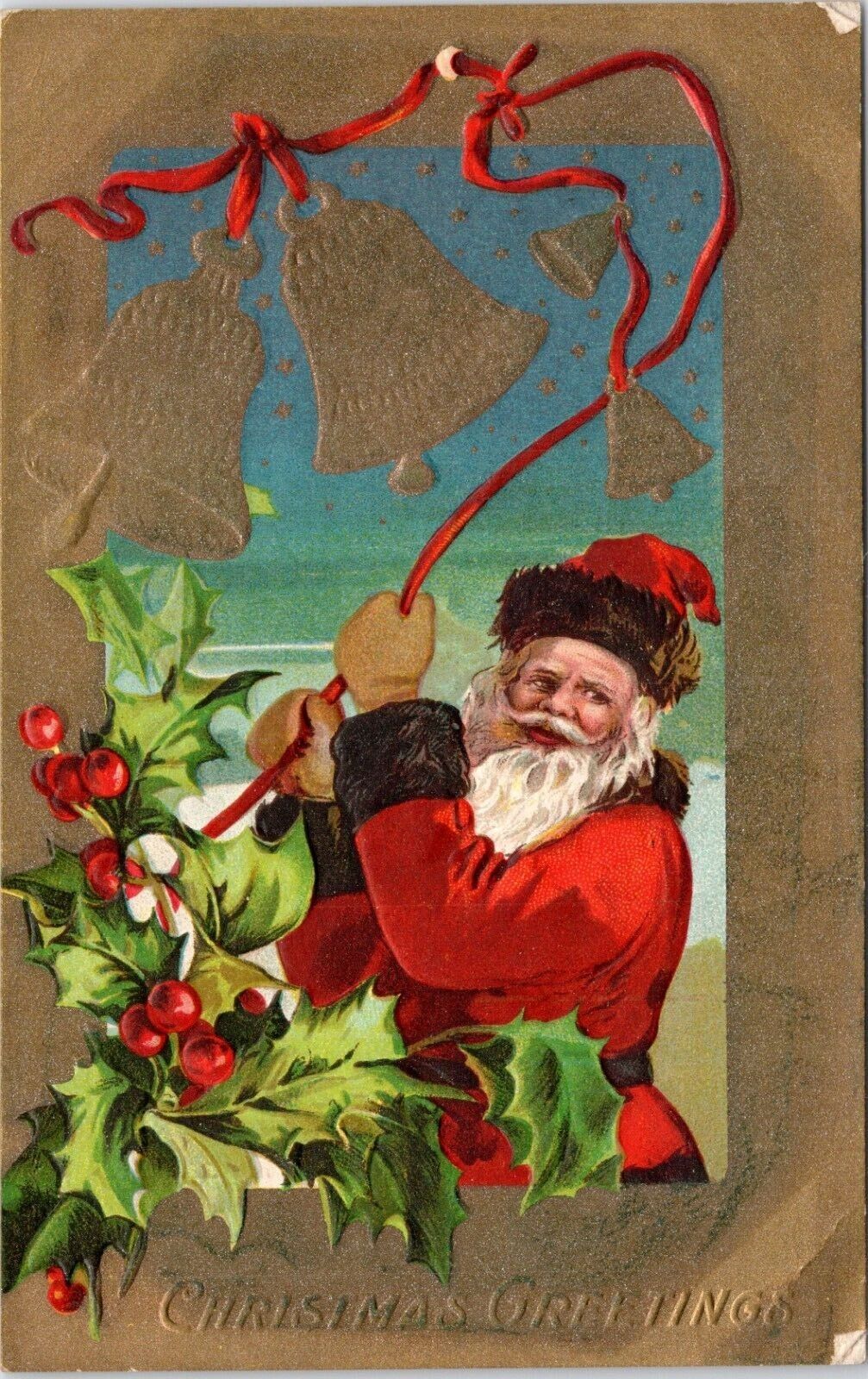 C.1910s Christmas Greetings Santa Ringing Golden Bells Unused Postcard A217