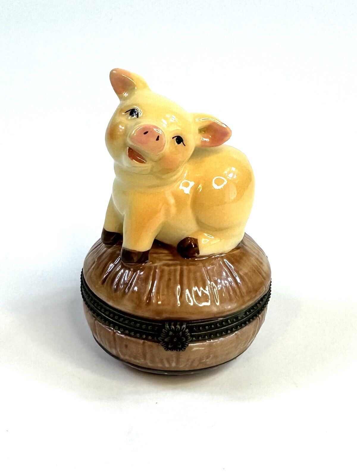 Porcelain Hinged Trinket Box Playful Happy Pig