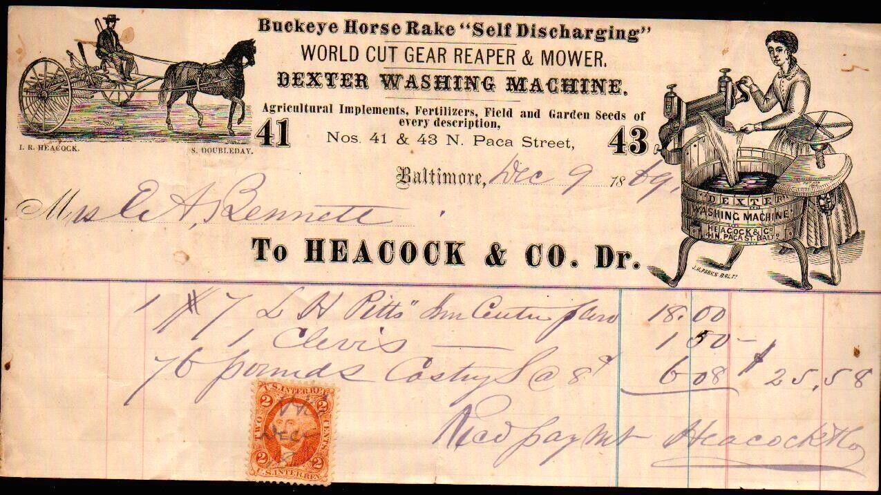 1869 Baltimore - Heacock Co Washing Machine Buckeye Horse Rake Letter Head Bill