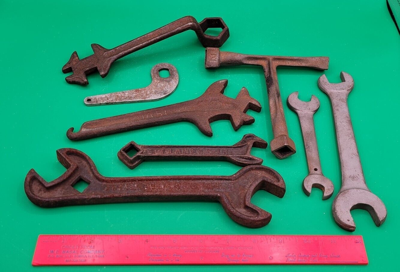 Early 1900\'s LOT OF EIGHT Antique WRENCHES - Planet Jr, New Departure, J.I. Case