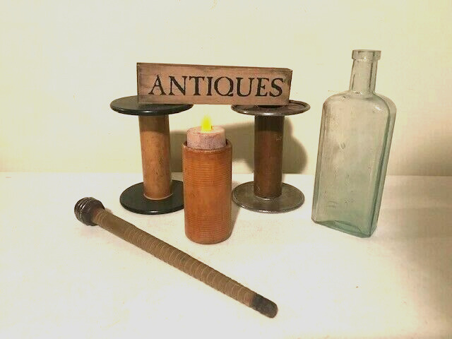 Lot of Old wood spools, Bobbin ,Bottle, sign