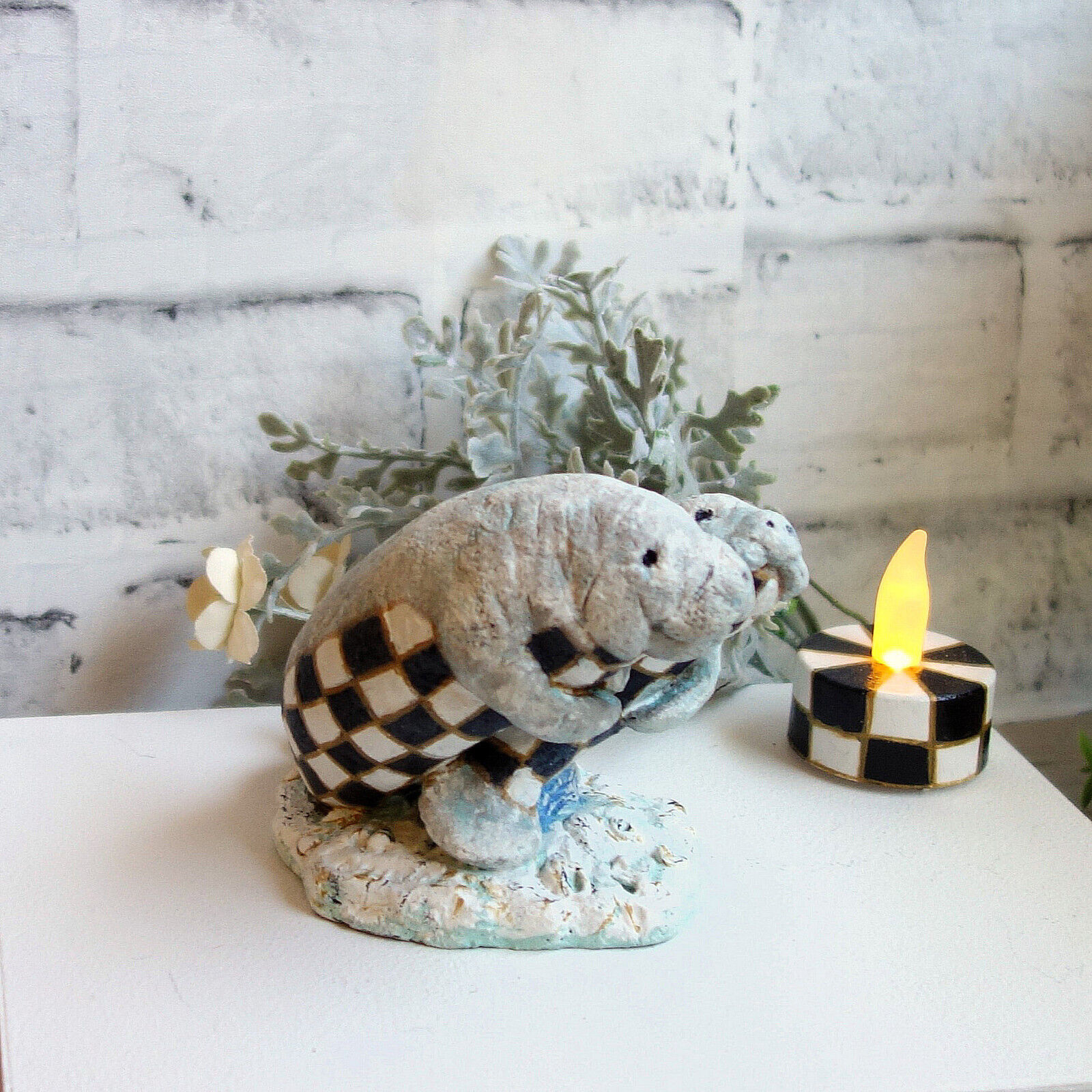 Courtly Checked Florida Manatee Figurine with Tea Light Candle Hand Painted