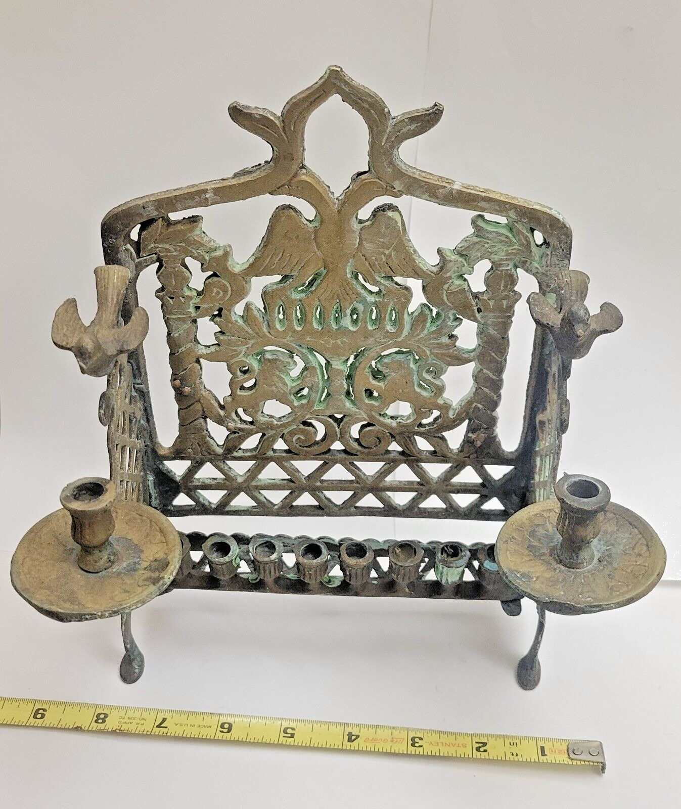 Old Solid Brass Hanukkah Menorah Judaica Baal Shem Tov 17 1800s