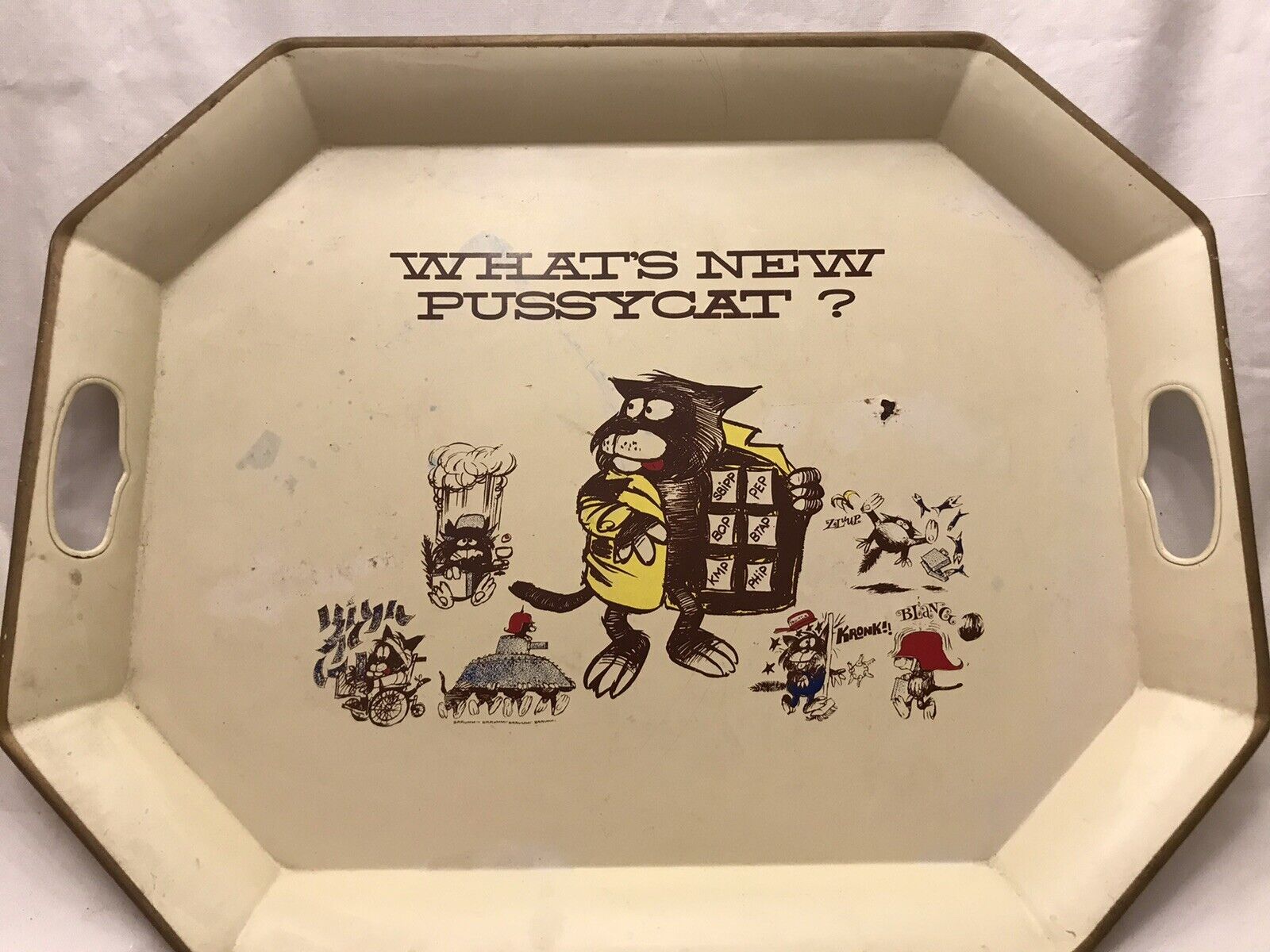 1966 WHAT’S NEW PUSSYCAT? AETNA LIFE&CASUALTY AWARD TRAY METAL/ENAMEL- 20”X16”
