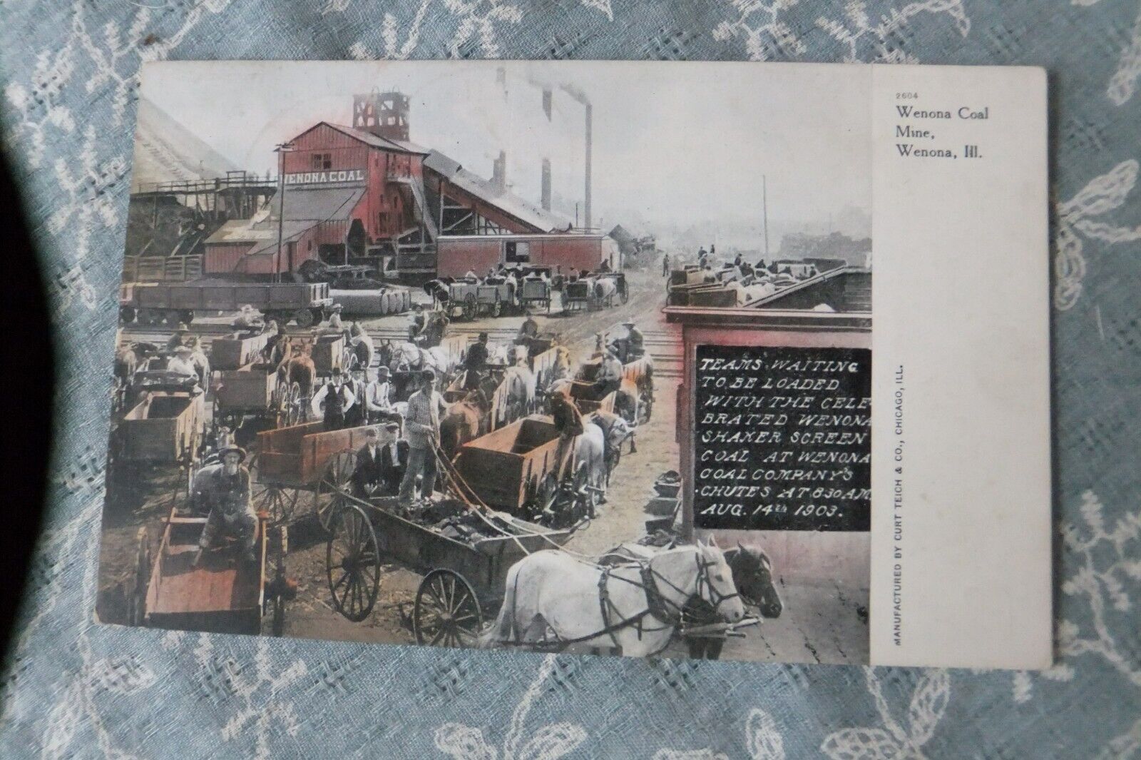 ANTIQUE POSTCARD WENONA, IL. COAL MINE, HORSES, WAGONS 1908