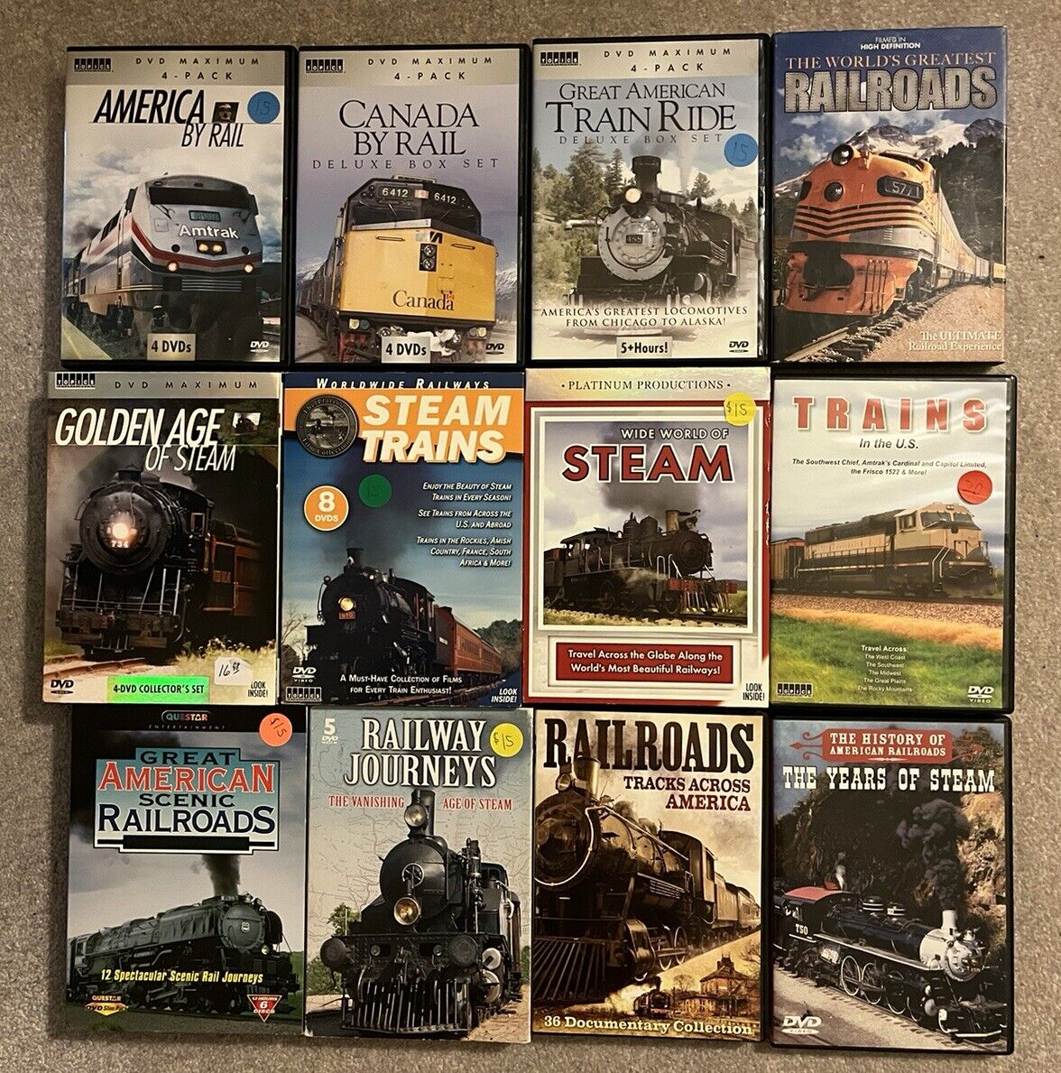 Railroad DVD Set Lot of 12, America by Rail, Golden Age of Steam, Railroads