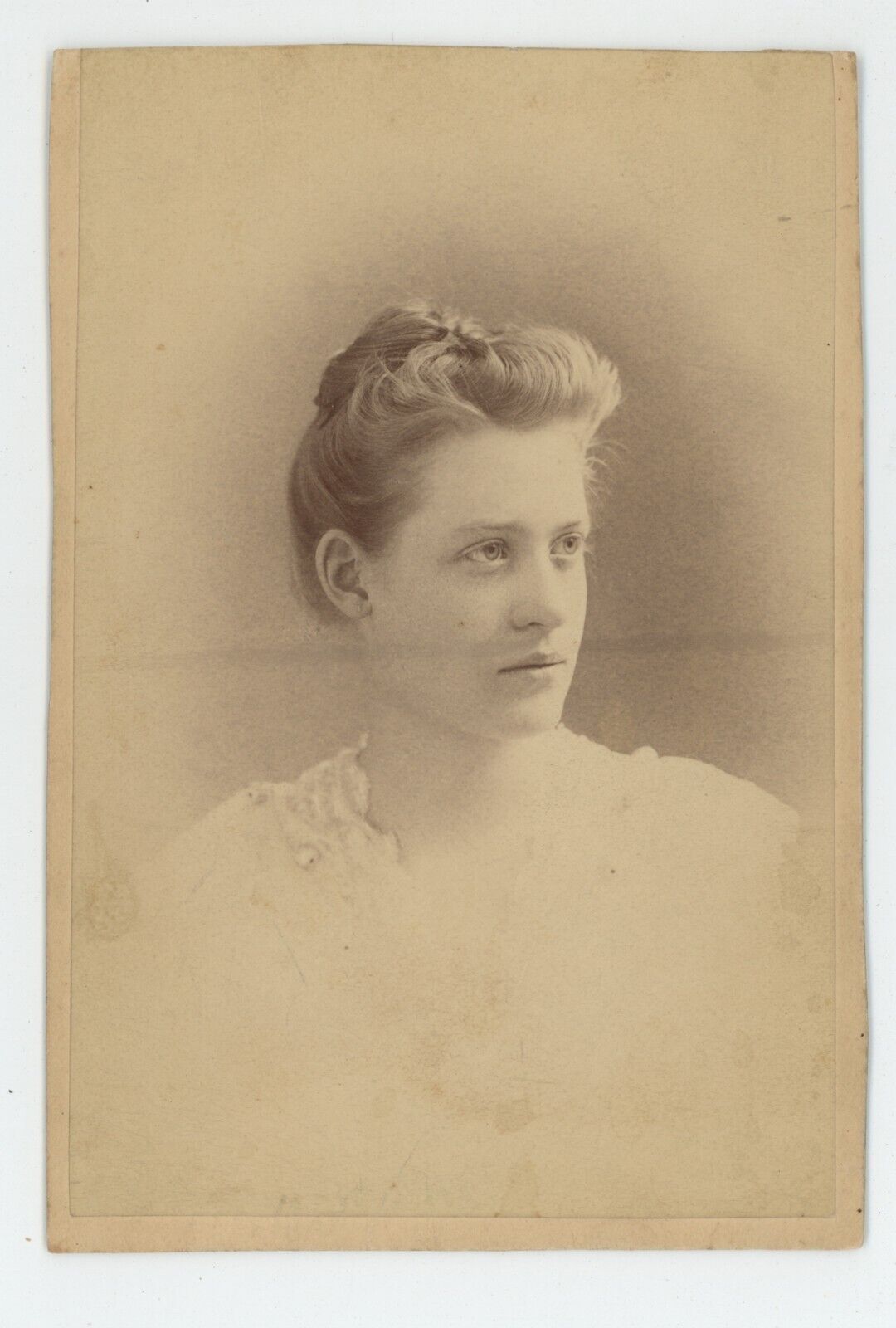 Antique Circa 1887 Cabinet Card Beautiful Young Woman in White Fisher Towanda PA