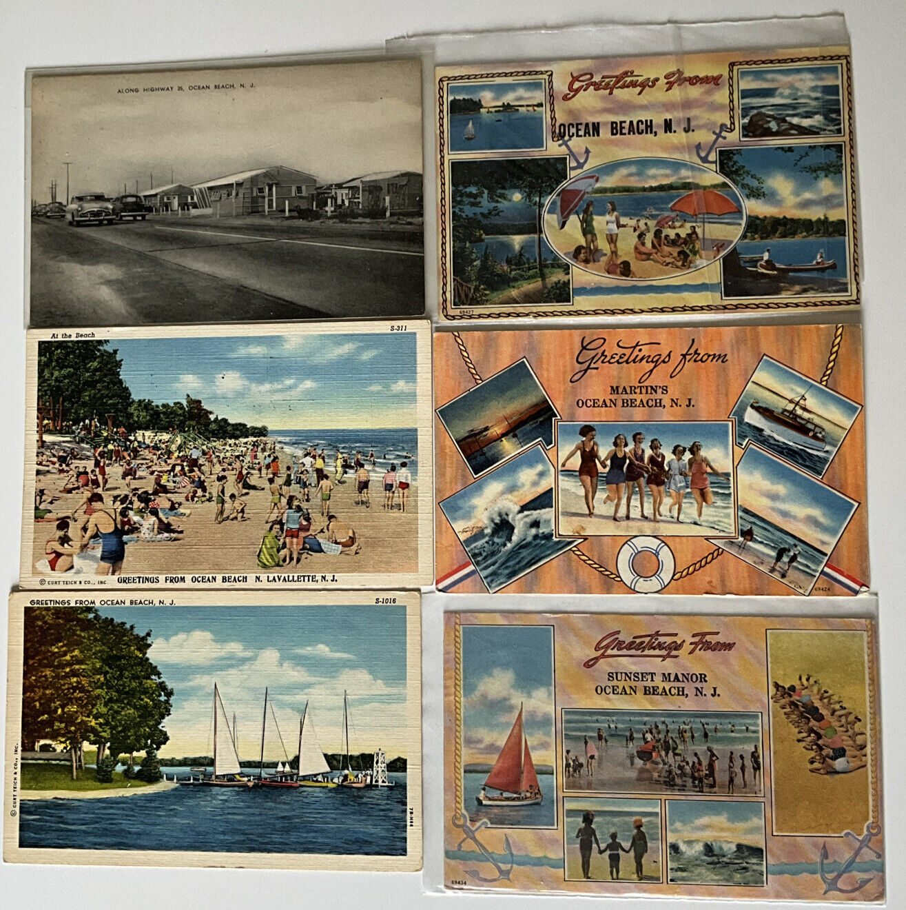 Ocean Beach, Tom’s River, N J ,1950’s,Beach , Greeting,sunset Manor,Martins,sail