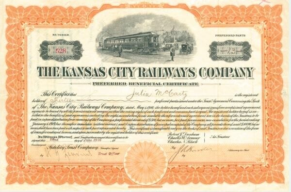 Kansas City Railways - Stock Certificate - Railroad Stocks
