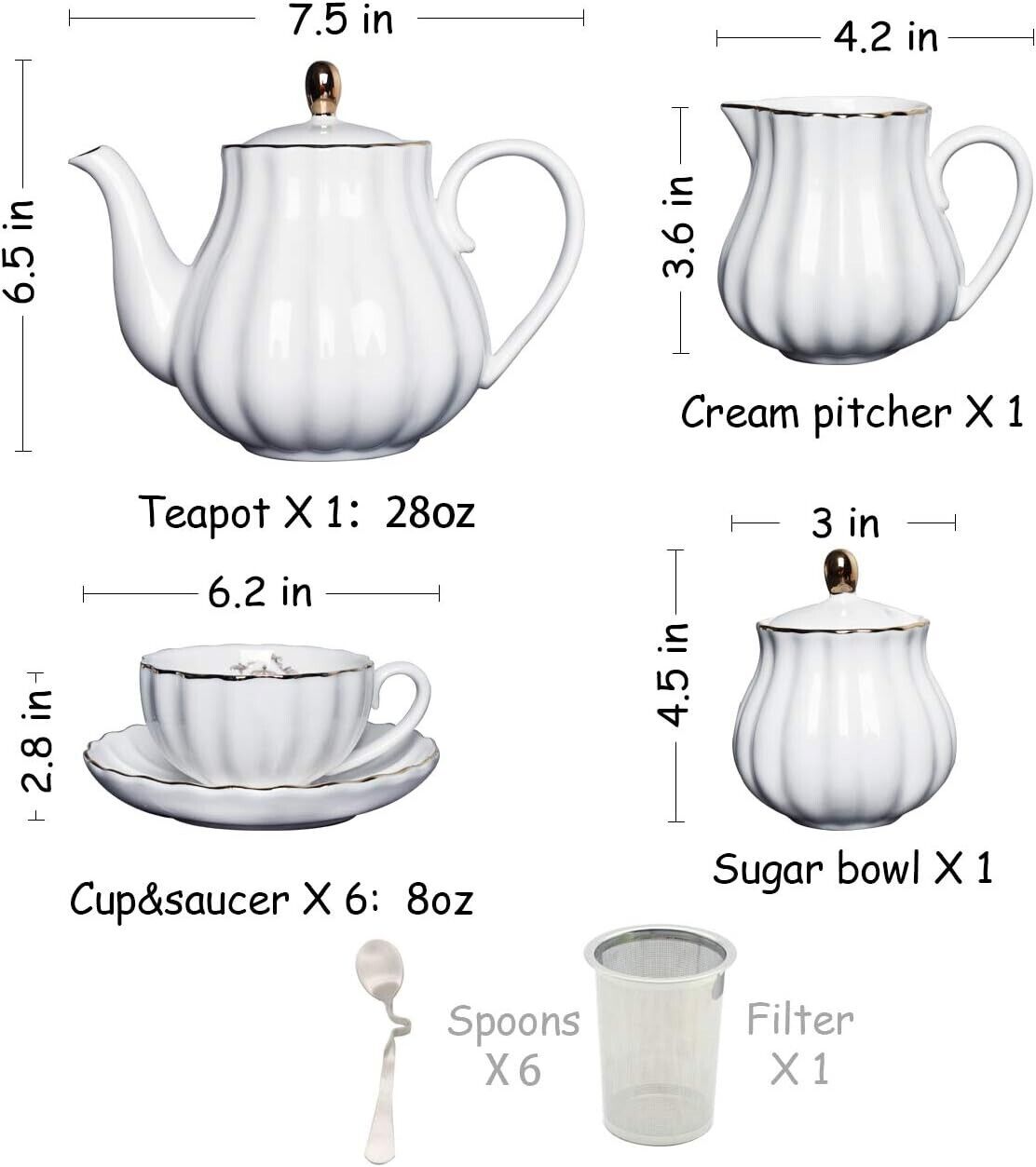 Porcelain Tea Sets British Royal Series, 8 OZ Cups& Saucer Service for 6, with