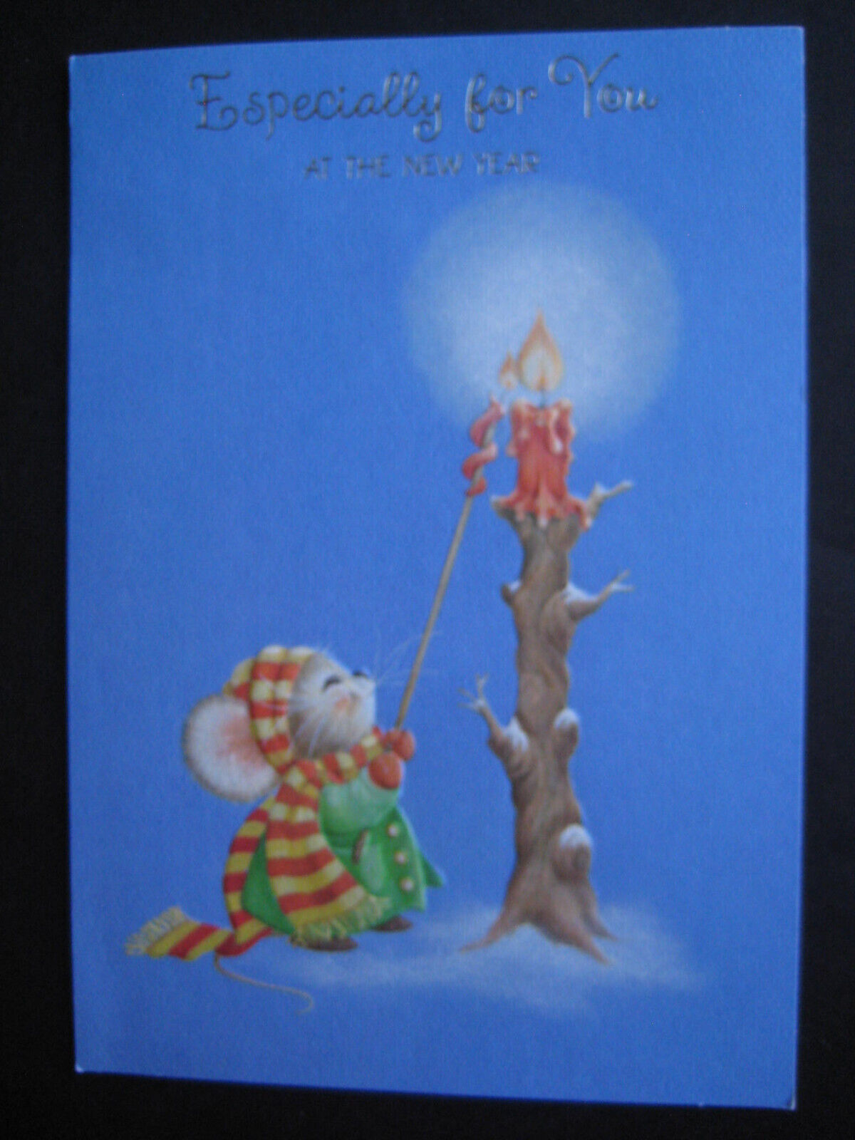 1982 vintage greeting card Hallmark NEW YEAR'S Mouse Lighting Candle