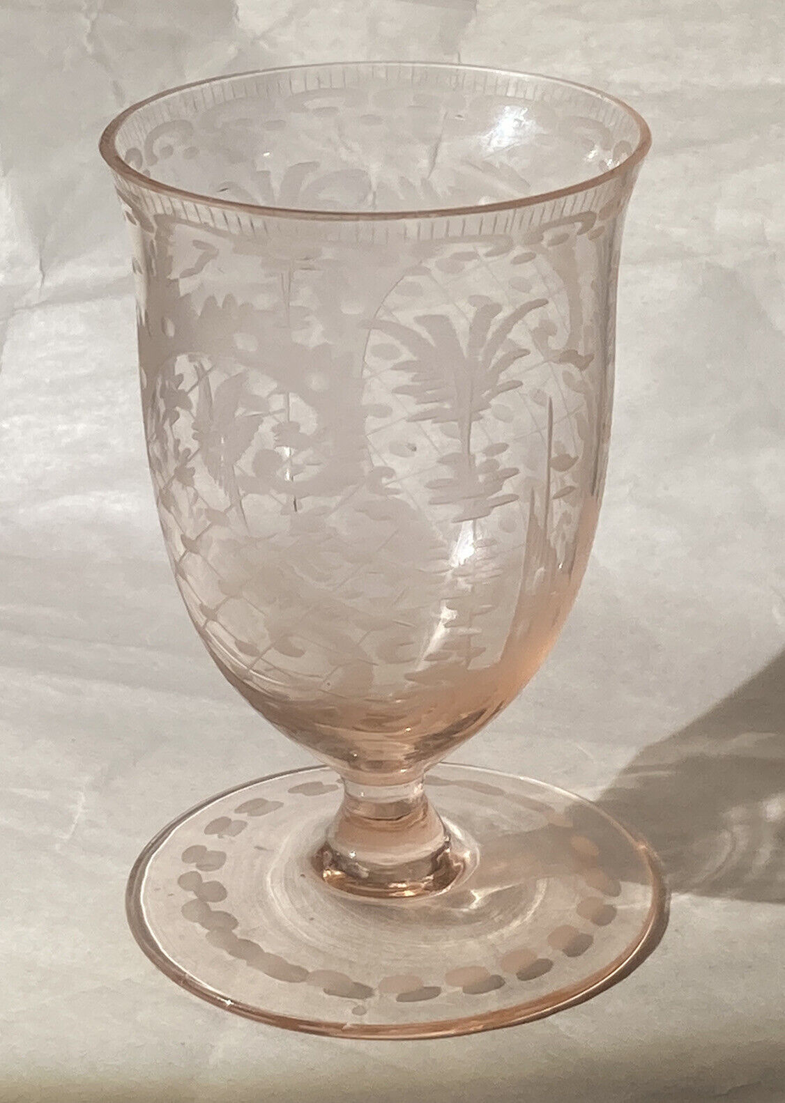 Antique Etched Pink Glass StemWare Cup Chalice Goblet Fruit 3.5” Exquisite