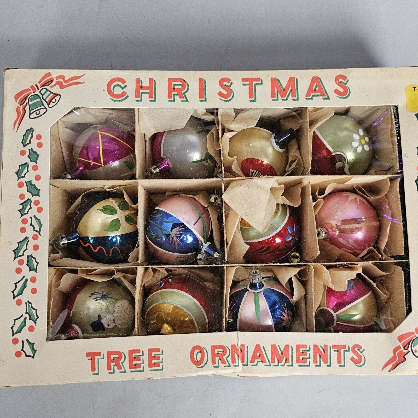 Vintage Christmas Ornaments Mica Stenciled Poland In Box 