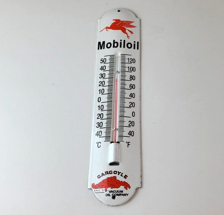 Vintage Mobil Gas Sign - Service Station Pump Ad Sign on Porcelain Thermometer