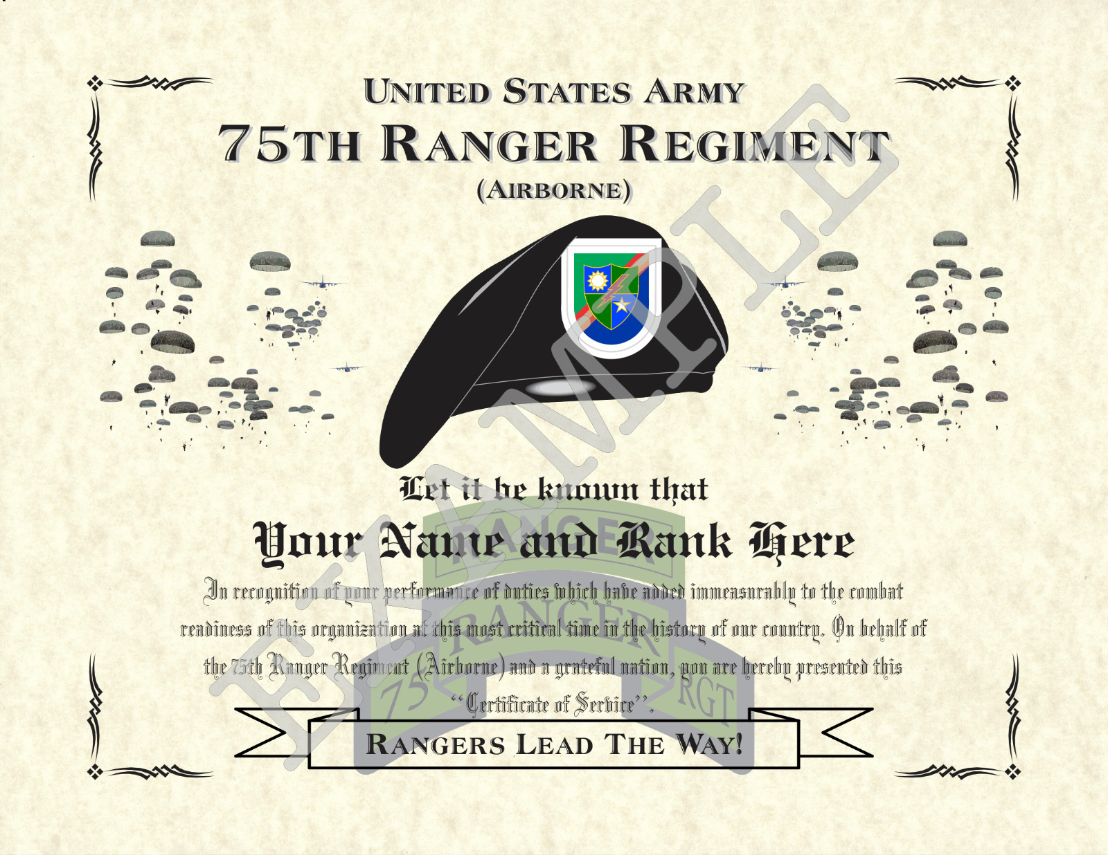 75th Ranger Regiment (A) Personalized Art Print 8.5 x 11 (BLK) (TAB/SCROLL)