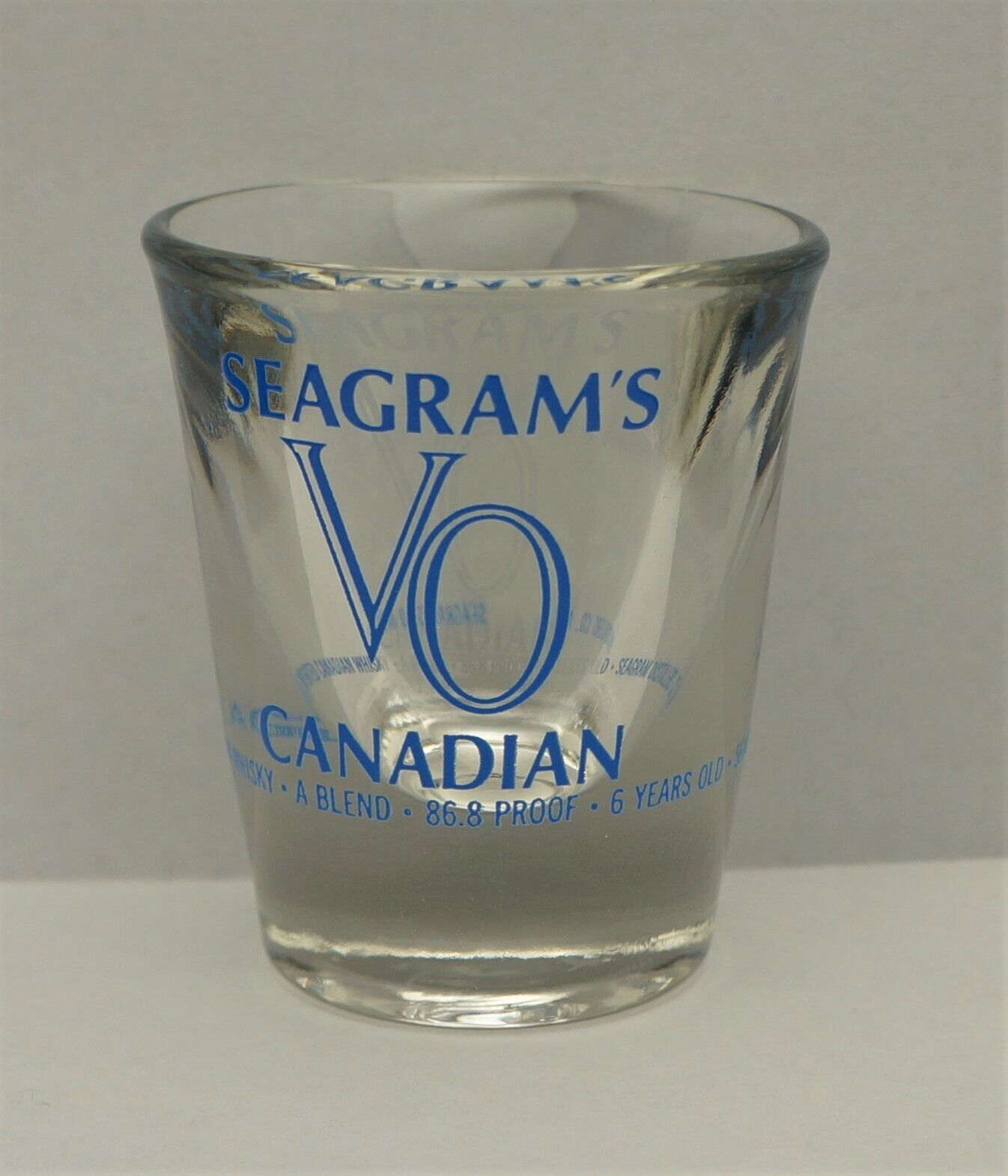 Vintage SEAGRAM\'S VO CANADIAN WHISKY Shot Glass BLUE GRAPHICS
