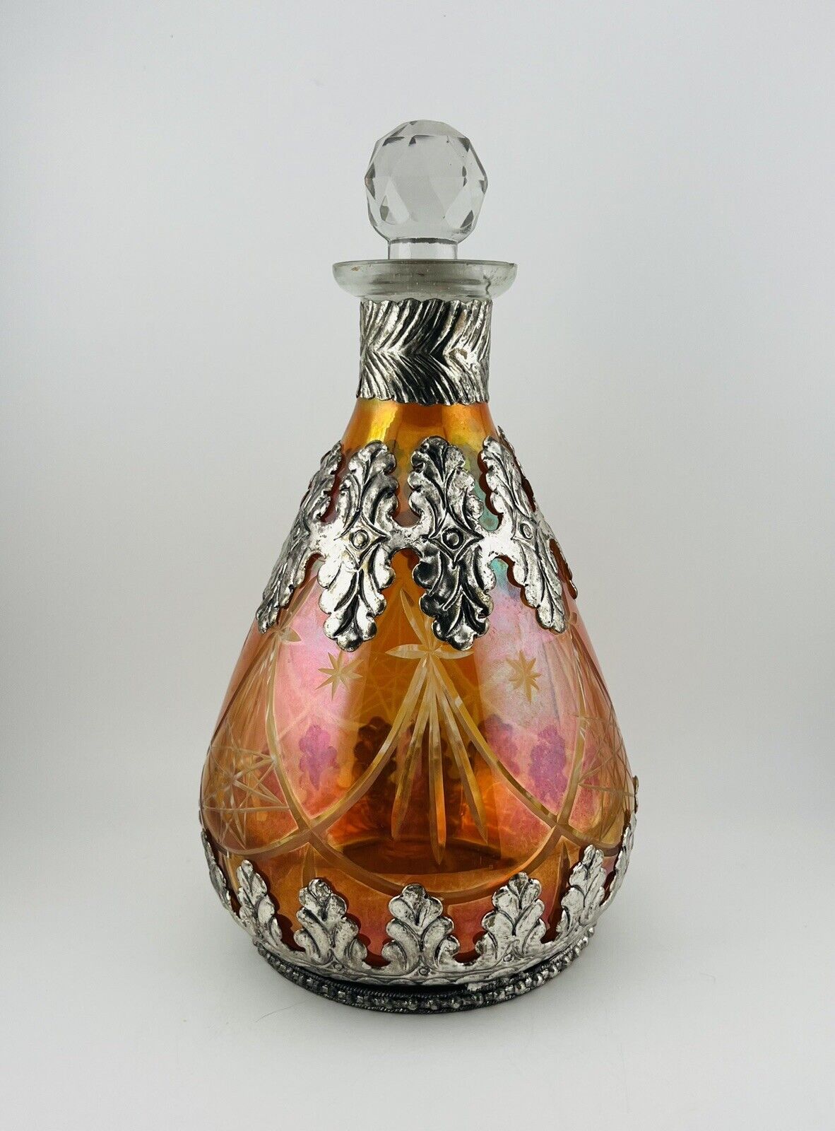 Decanter Circa 1900’s Made in Germany Cut Glass Silver Overlay Red Pink Orange