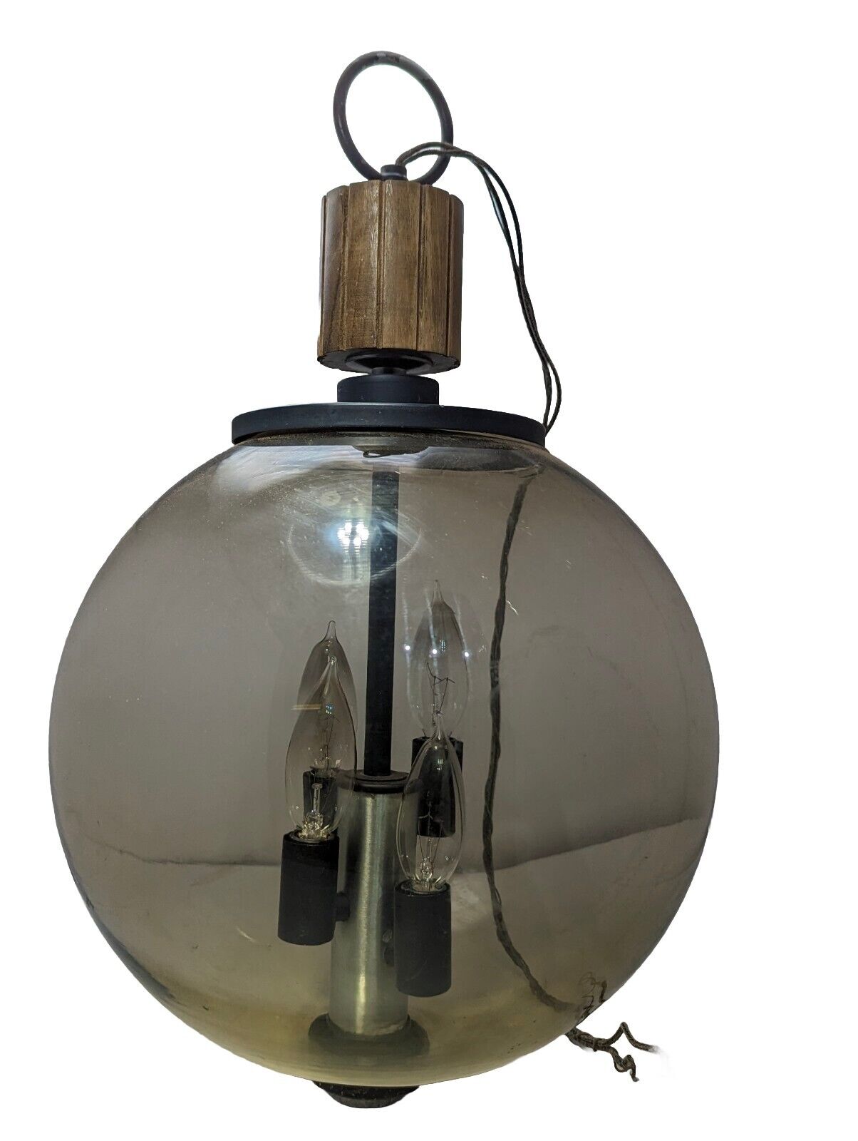 Vtg Mid Century Modern Swag Lamp Smoke Glass Globe Metal & Wood Top 20\