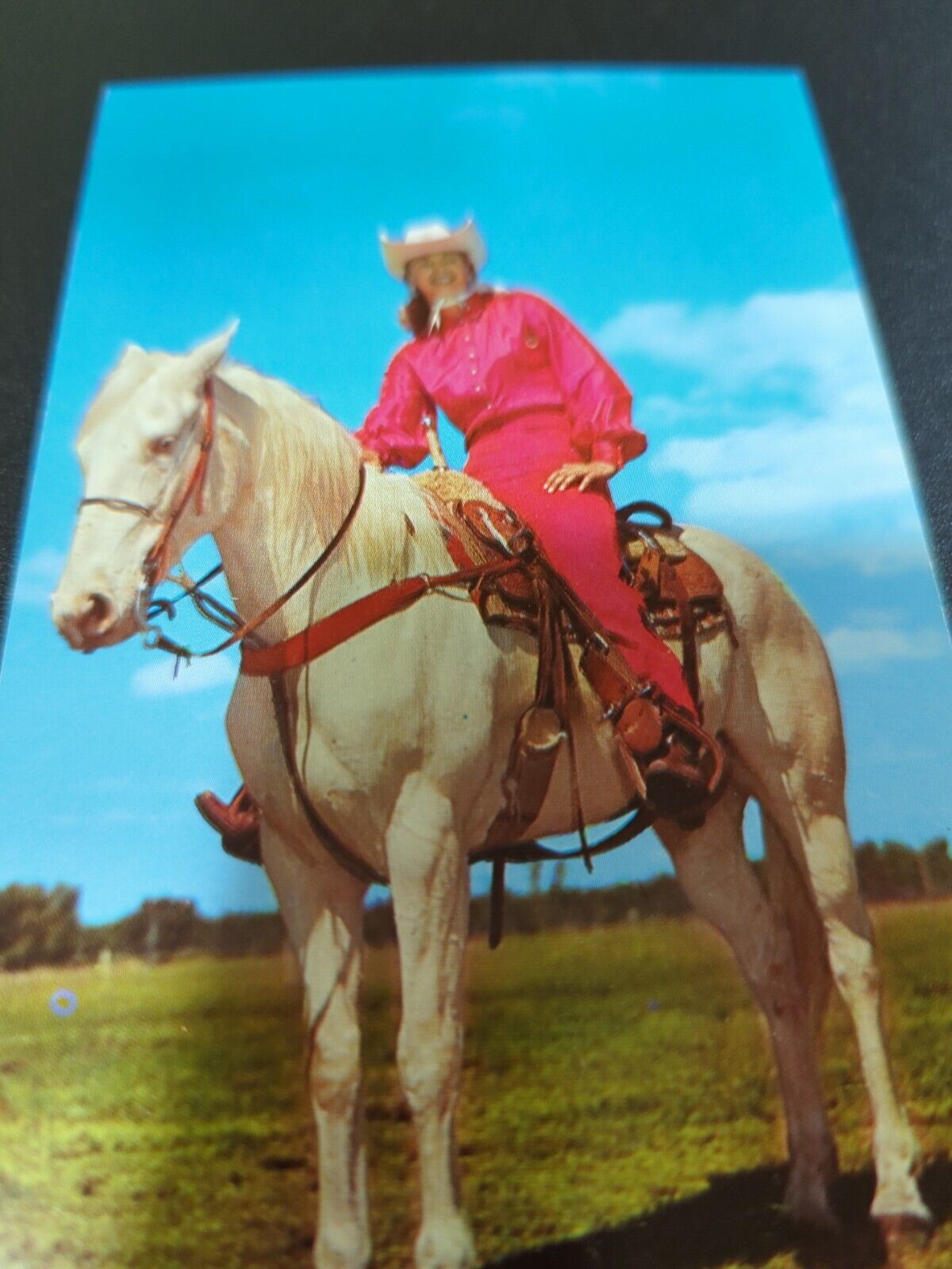 Albino Trick Horse Girl Rider all in Pink 1959 Cow Girl postcard D20