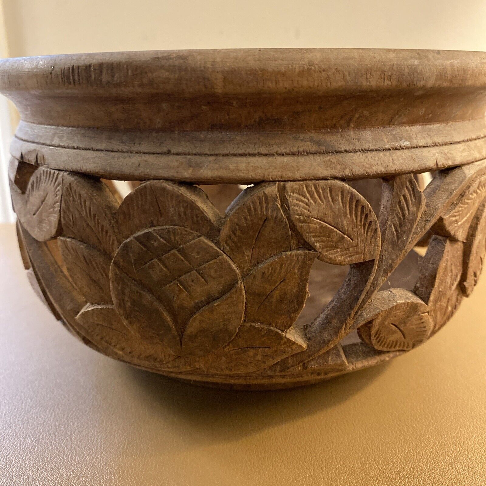 Carved Pakistan Antique Walnut Wooden Vintage Bowl Handicrafts Planter Decor