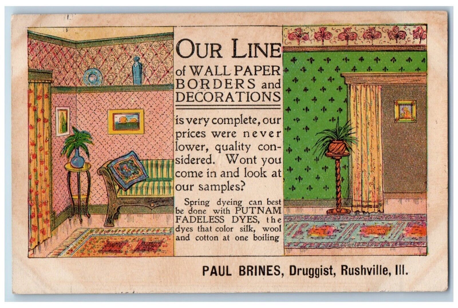Rushville IL Postcard Paul Brines Wall Paper Borders And Decoration Advertising