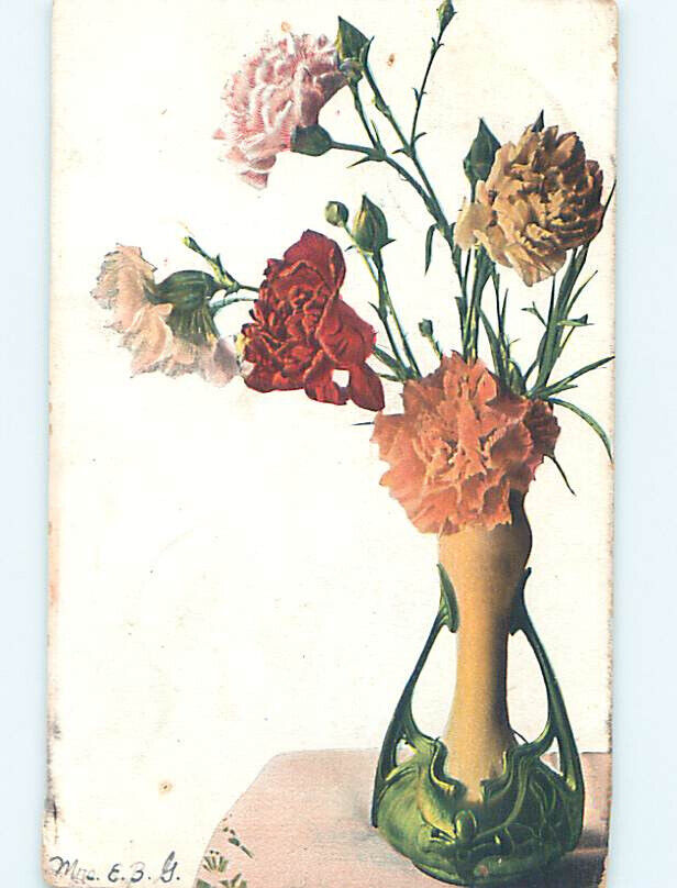 Pre-Linen art nouveau CARNATION FLOWERS AND ANTIQUE POTTERY VASE HJ3625