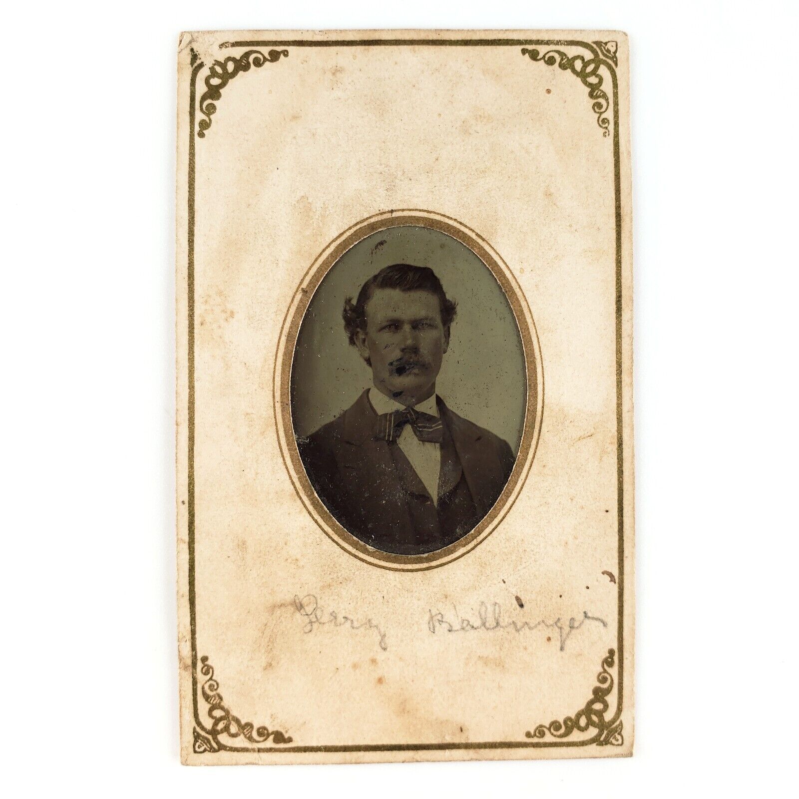 Named Man Wearing Bowtie Tintype c1870 Antique 1/16 Plate Ballinger Photo A3642